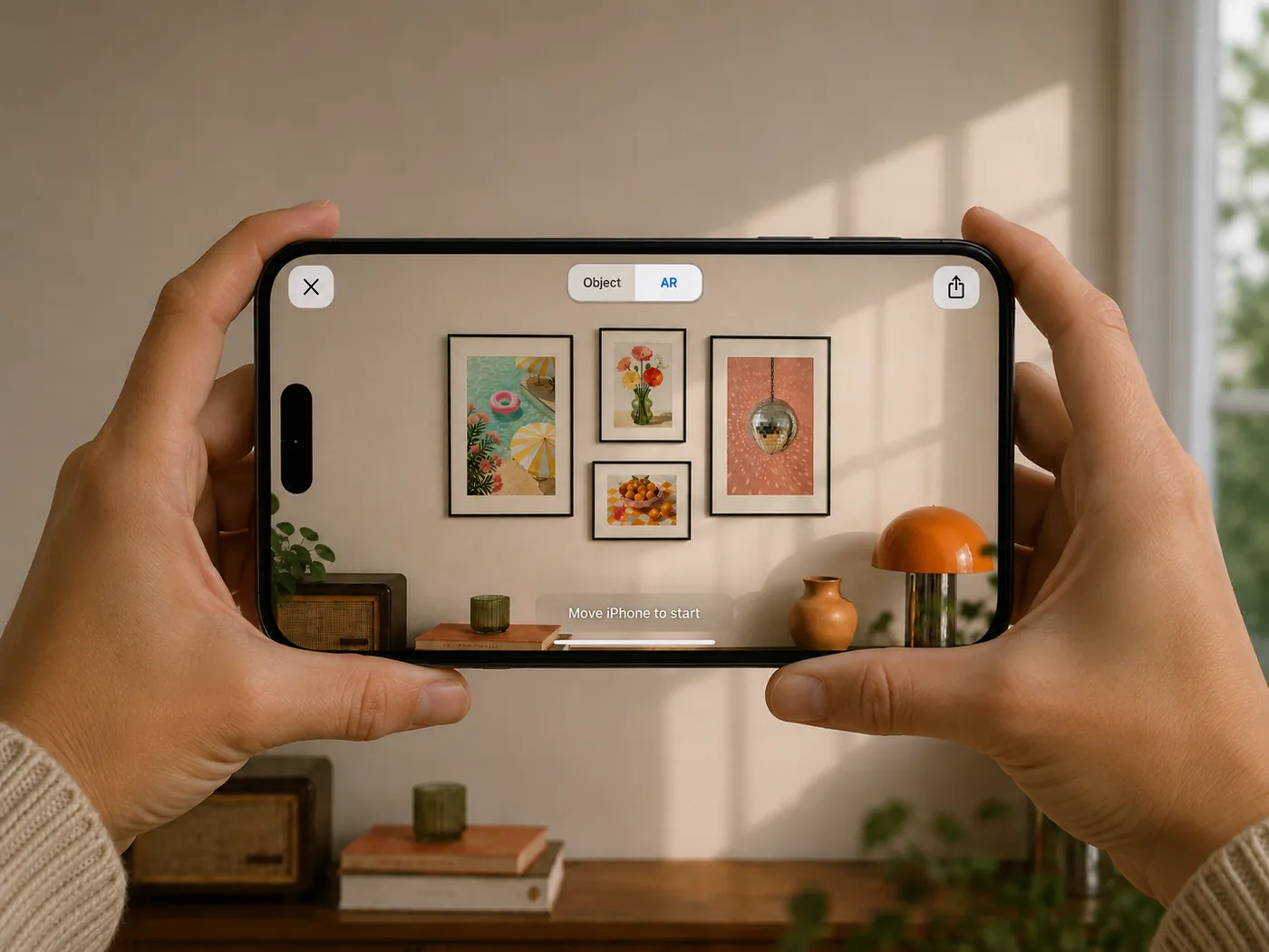 An iPhone held up to a bare wall, four framed prints shown at true size on the screen exactly where they will hang