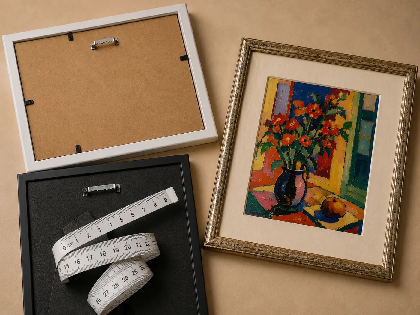Two frames face down showing their hangers, a tape measure across them, and a gilt frame holding a still life