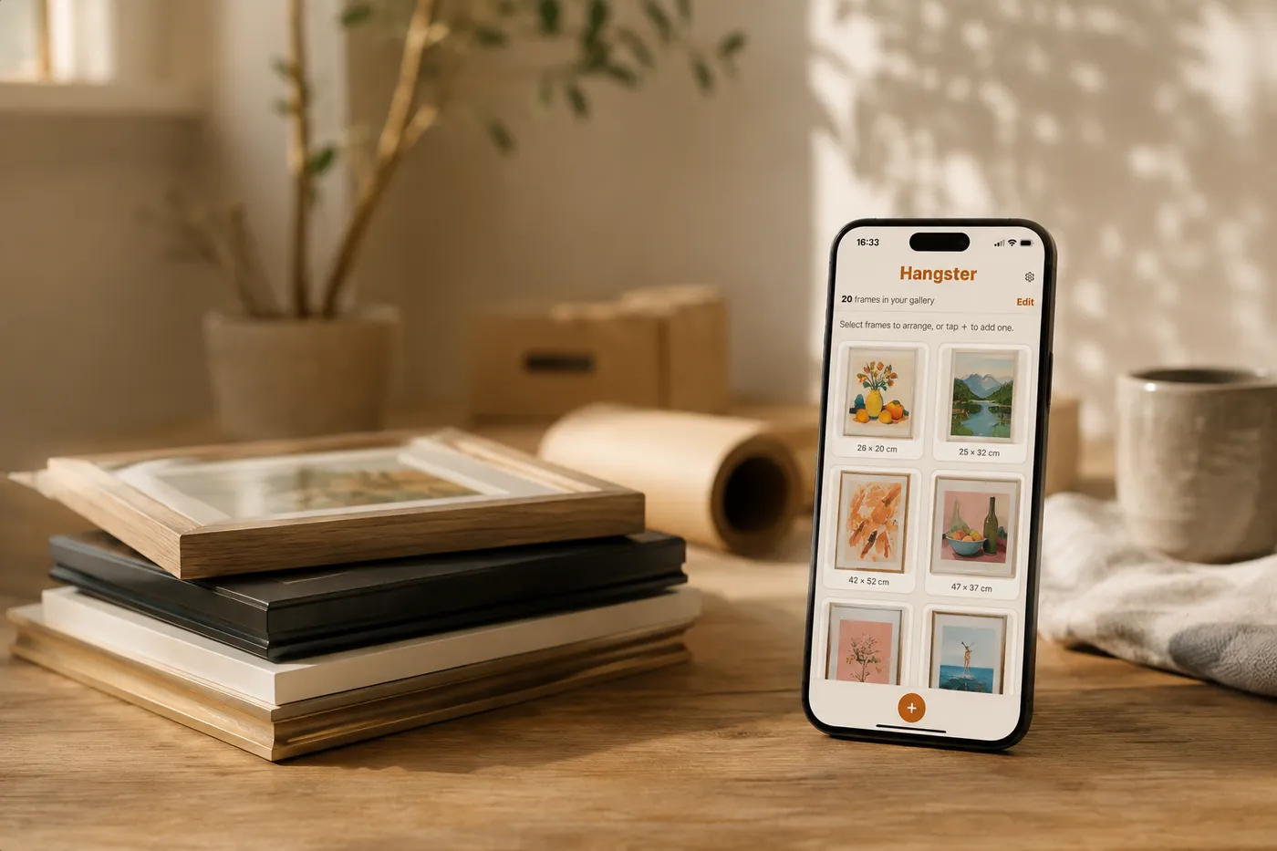 A phone standing on a wooden table showing the Hangster gallery of measured frames with their sizes, beside a stack of real empty frames and a roll of paper