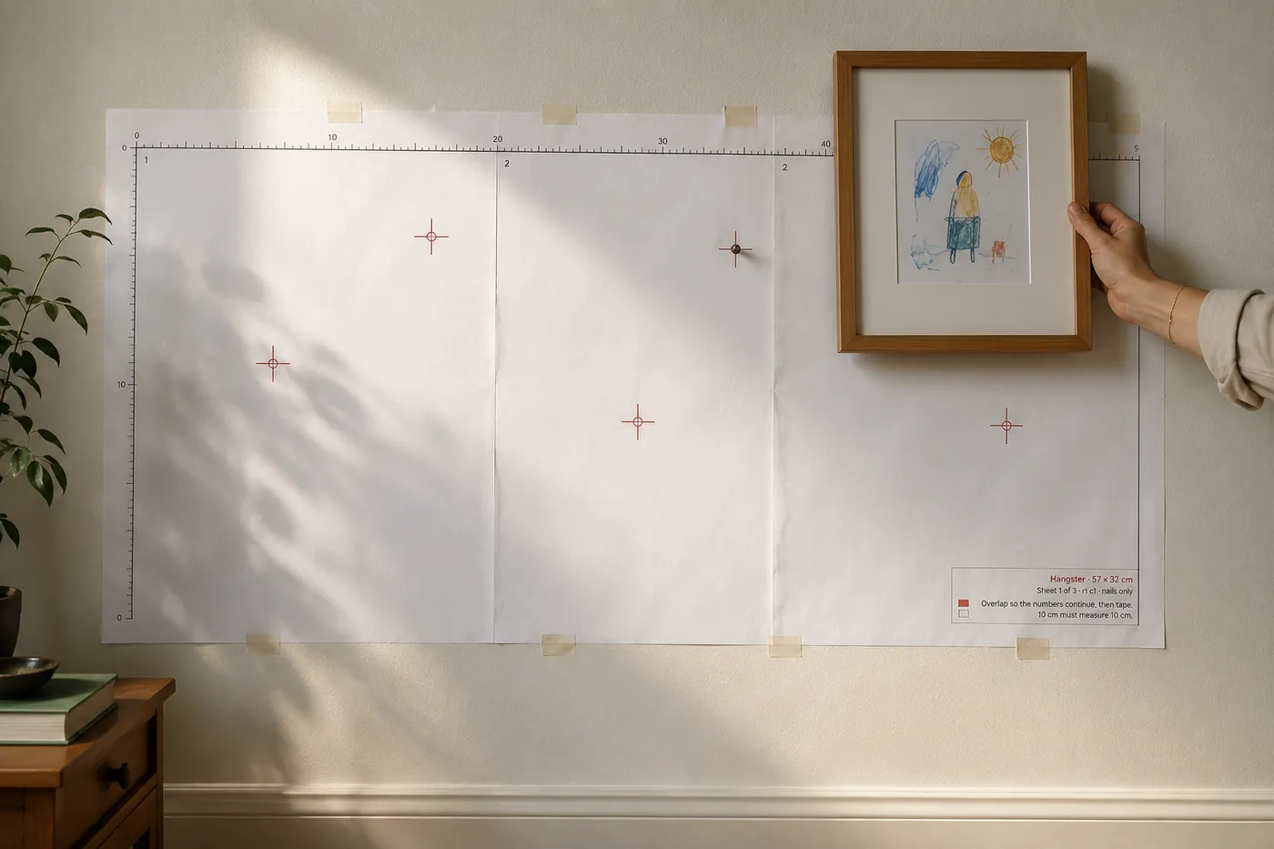 A full-size Hangster template taped to a wall, red crosshairs marking each nail position, one nail driven through, a framed child's drawing being hung over it